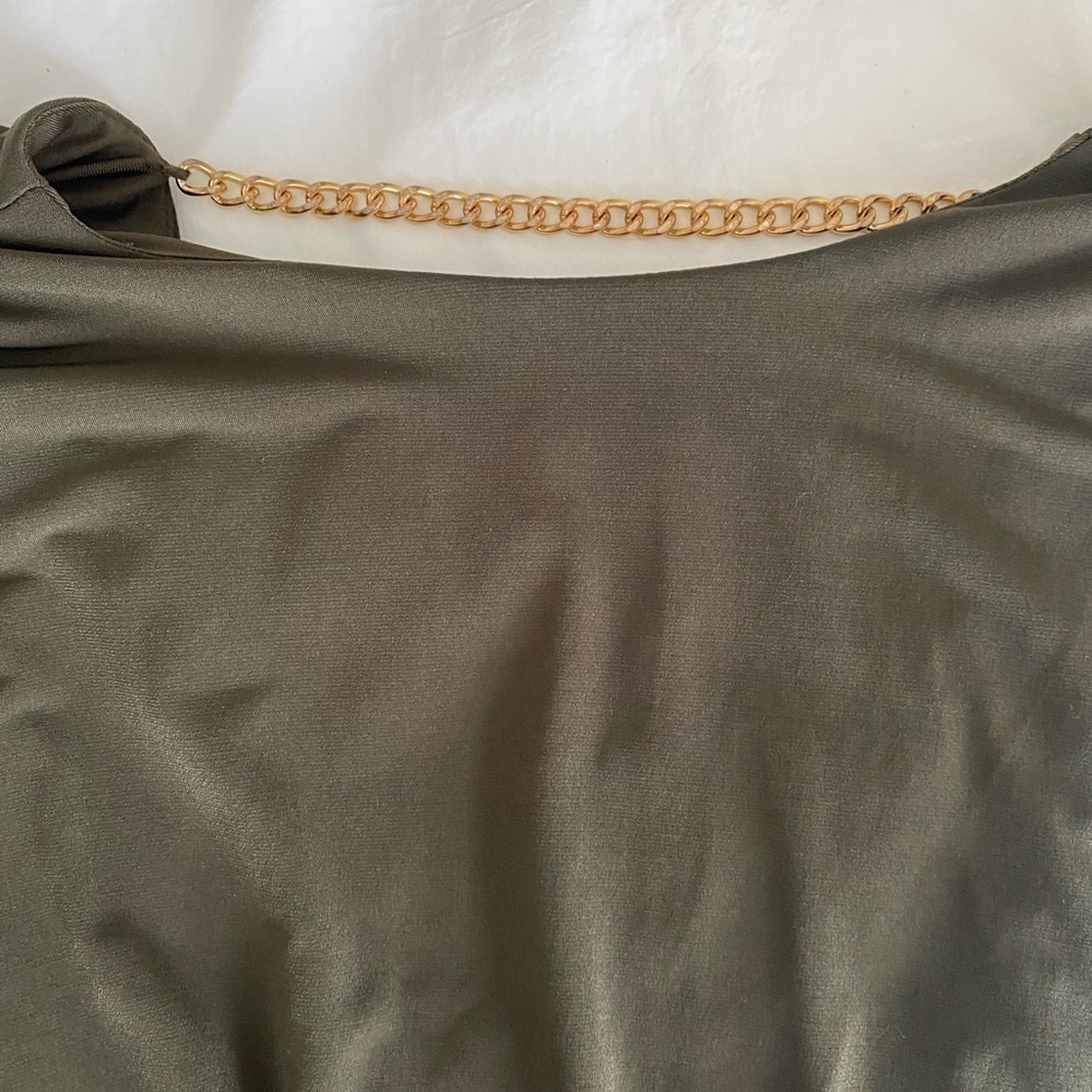 Retrofete- Olive Green “Chessie” Mini Bodycon Dress with Gold Chain Detail - Picture 6 of 14